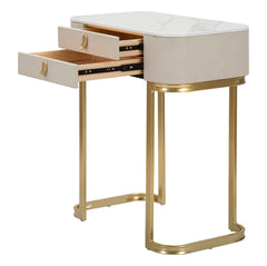 Console 2 tiroirs tissu Blanc dessus marbre pieds dorés