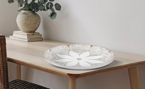 Plateau décoratif rond Atènes en Polyrésine couleur Blanc et motifs dorés