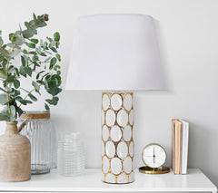 Lampe de table en céramique blanche et dorée abat-jour tissu blanc