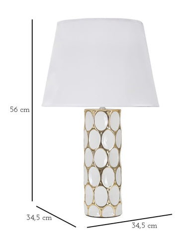 Lámpara de mesa de cerámica blanca y dorada con pantalla de tela blanca