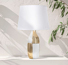 Lampe de table Glam Line Céramique Blanche et Dorée abat-jour Tissu Blanc