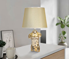 Lampe de table buste d'homme céramique dorée abat-jour tissu beige