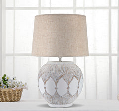 Lampe de table ronde Athènes Résine Blanc abat-jour Tissu Beige