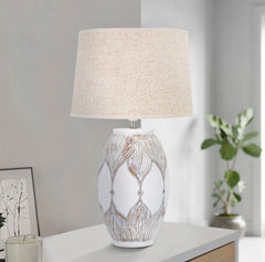 Lampe de table Athenes en Polyrésine et abat-jour en Tissu Beige