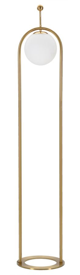 Lampadaire en métal doré abat-jour sphérique en verre blanc