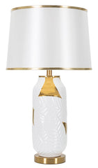 Lampe de table céramique blanche et dorée abat-jour tissu blanc bords dorés