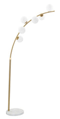 Lampe sur pied arquée Glamy Métal Doré base Marbre 6 Sphères Verre Blanc