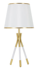 Lampe de table Triply métal blanc et doré abat-jour tissu blanc bordures dorées