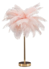Lampe de table Palm métal doré abat-jour plumes roses
