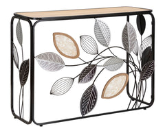 Console rectangulaire en métal noir et bois brun avec feuilles décoratives