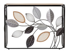 Console rectangulaire en métal noir et bois brun avec feuilles décoratives