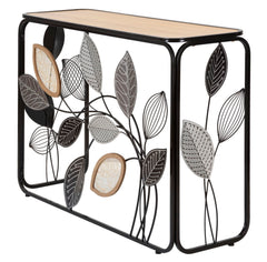 Console rectangulaire en métal noir et bois brun avec feuilles décoratives