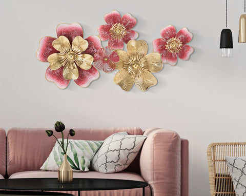 Panneau mural décoratif 3D en métal fleurs dorées et colorées