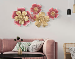 Panneau mural décoratif 3D en métal fleurs dorées et colorées