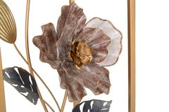 Ensemble de deux tables carrées en métal doré et verre miroir avec décorations florales