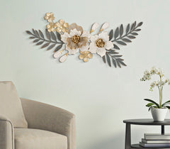 Panneau mural décoratif 3D en métal fleurs et feuilles