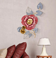 Panneau mural décoratif en métal 3D fleur couleurs vives et feuilles