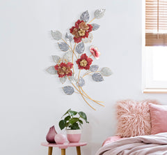 Panneau mural décoratif métal 3D fleurs et feuilles couleurs vives