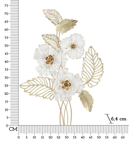Panel decorativo de pared de metal dorado y blanco con flores y hojas