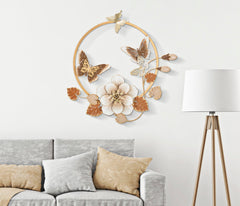 Panneau mural décoratif 3D rond en métal doré fleurs et papillons