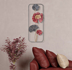 Panneau mural décoratif en métal 3D Lobo Fleurs colorées cadre rectangulaire argenté