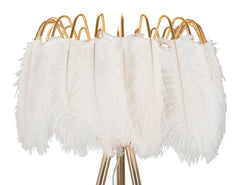 Lampadaire en métal doré abat-jour plumes blanches