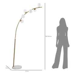 Lampe sur pied arquée Glamy Métal Doré base Marbre 6 Sphères Verre Blanc