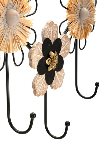 Porte-manteau mural fleurs Fer et Raphia