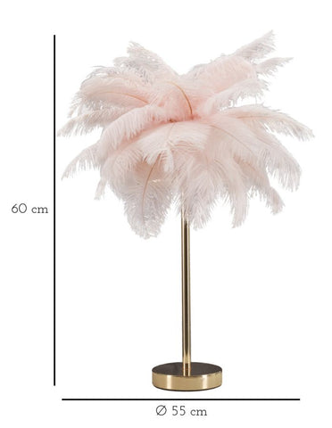 Lampe de table Palm métal doré abat-jour plumes roses