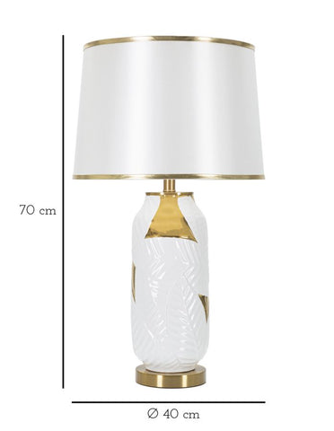 Lámpara de mesa cerámica blanca y dorada pantalla de tela blanca con bordes dorados