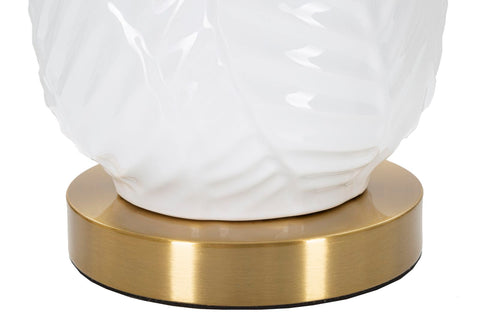 Lámpara de mesa cerámica blanca y dorada pantalla de tela blanca con bordes dorados