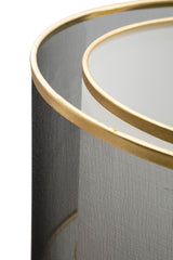 Lampe sur pied à deux niveaux Métal Noir et Or abat-jour Tissu Gris Transparent et Blanc bordure Dorée