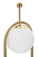 Lampadaire en métal doré abat-jour sphérique en verre blanc