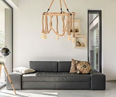 Lampe suspendue ronde en métal et corde 6 points lumineux
