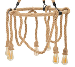 Lampe suspendue ronde en métal et corde 6 points lumineux