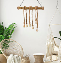 Lampe suspendue métal bambou et corde 6 points lumineux