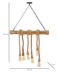 Lampe suspendue métal bambou et corde 6 points lumineux