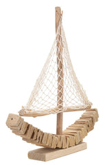 Sculpture de voilier en bois avec voile en tissu et base bois