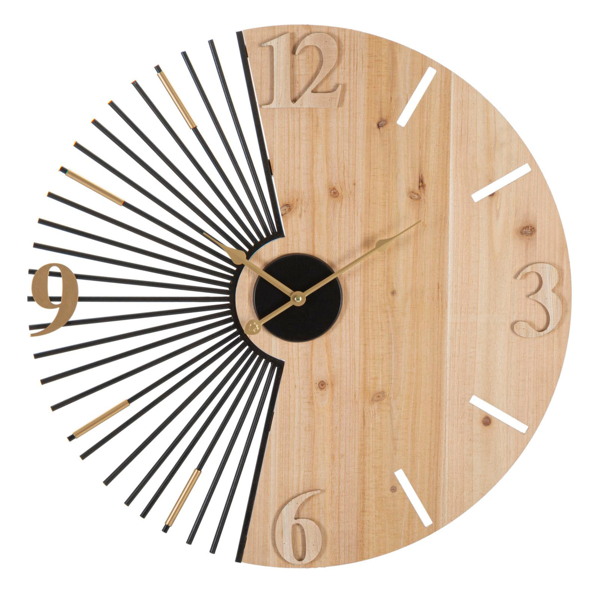 Horloge murale ronde métal et bois design rayons du soleil