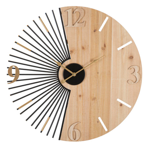 Horloge murale ronde métal et bois design rayons du soleil