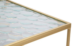 Table carrée en métal doré avec plateau en verre