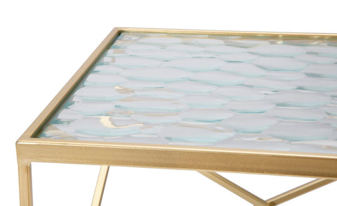Table carrée en métal doré avec plateau en verre