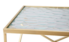Table carrée en métal doré avec plateau en verre