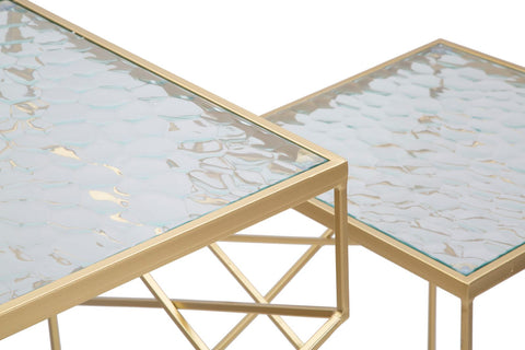 Table carrée en métal doré dessus en verre