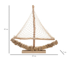 Sculpture de voilier en bois avec voile en tissu et base bois