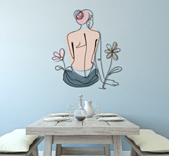 Panneau mural décoratif 3D métal Noir fille assise fleurs colorées