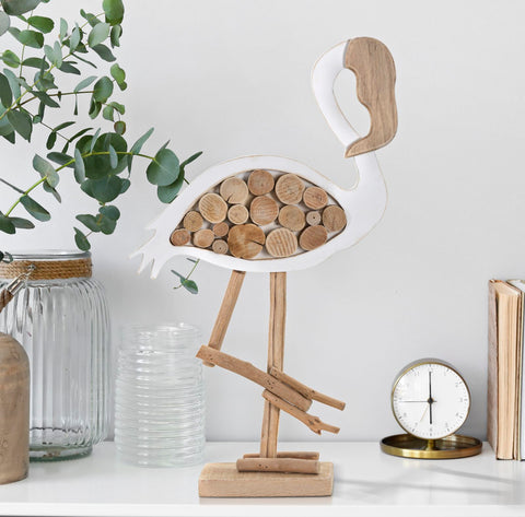 Sculpture Flamant en bois naturel