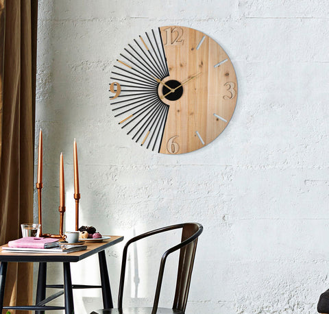 Horloge murale ronde métal et bois design rayons du soleil