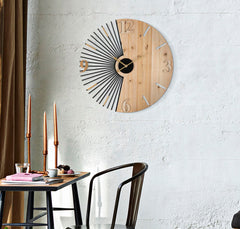 Horloge murale ronde métal et bois design rayons du soleil