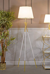 Lampadaire Triply Métal Blanc et Doré Abat-jour Tissu Blanc
